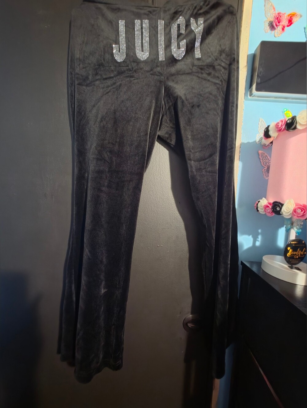 Juicy Couture Black Velour Lounge Pants with Rhinestone JUICY Backing